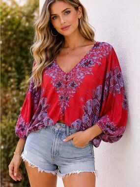 Free People Urban Outfitters Balloon 3/4 Sleeve Button Front V-Neck Top XS